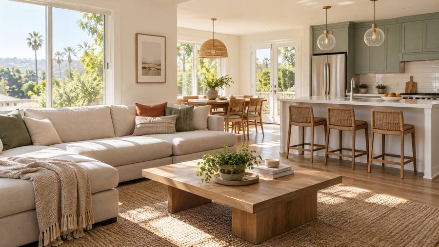 Bright, freshly cleaned living room and kitchen